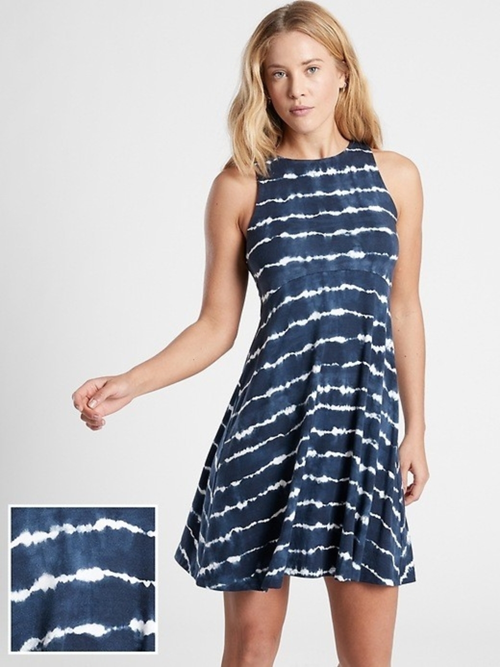 Athleta Santorini Thera Printed Dress Womens Medium Navy Sleeveless Athleisure